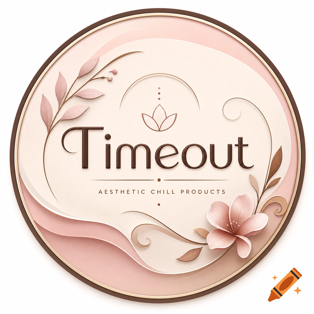 A round logo in a soft pink, beige, and brown color palette, featuring the brand name 'Timeout' with delicate floral accents and the tagline 'Aesthetic Chill Products'.