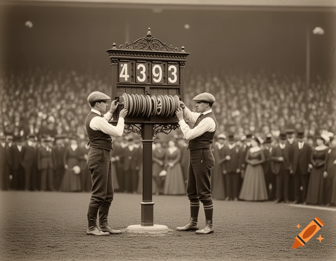 Two men in early 20th-century attire operate a large scoreboard displaying '4393' on a field with a blurred crowd in the background, sepia tone.