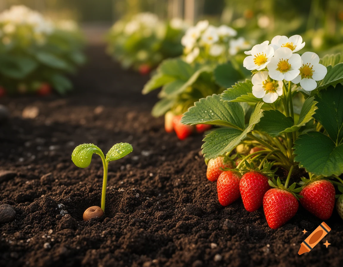 A new strawberry seedling with dew drops in dark soil, beside a mature plant with white flowers and ripe red strawberries.