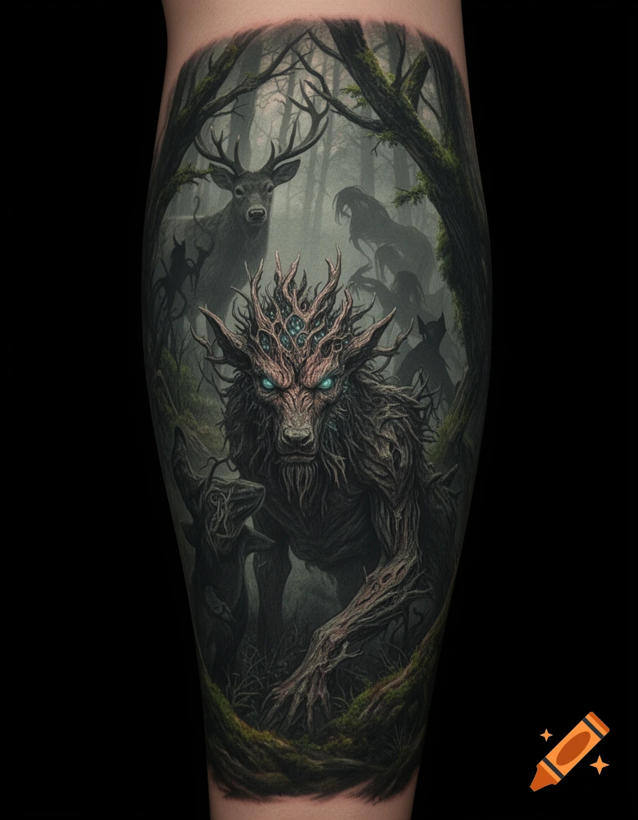 A detailed dark fantasy tattoo of a wendigo-like forest spirit with glowing eyes in a misty forest, with a deer and shadowy figures behind it.