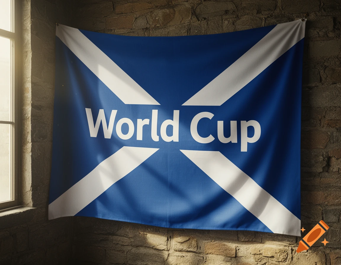 A blue and white Scotland flag with 'World Cup' written in white, hanging on a stone wall next to a window.