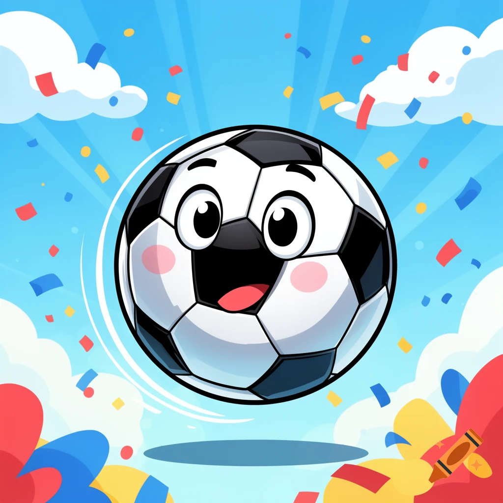 A happy cartoon soccer ball character bounces in a blue sky with confetti, in a vibrant, children's illustration style.