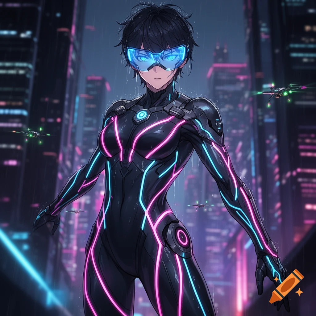 Anime-style character in a black bodysuit with glowing neon lines and a blue visor stands in a rainy cyberpunk city with drones.