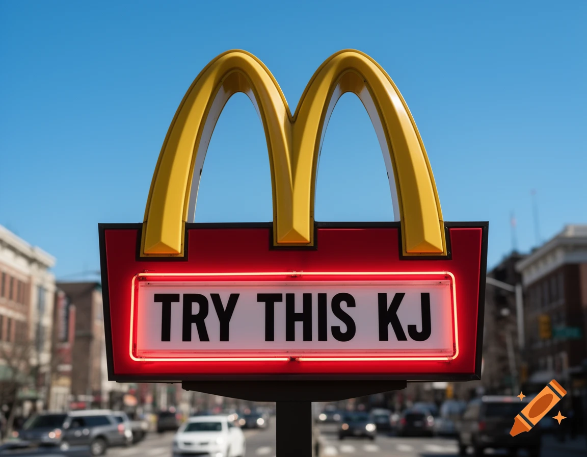 Photorealistic McDonald's golden arches sign with "TRY THIS KJ" text on a red board, set on a city street.