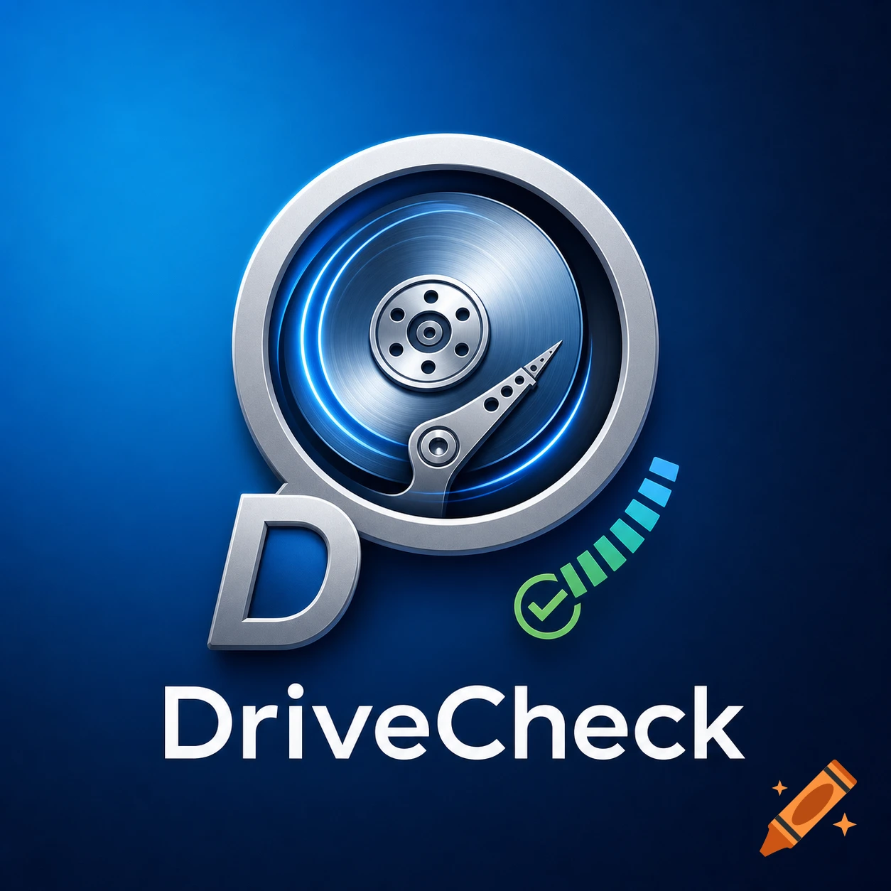 Metallic logo for DriveCheck, featuring a stylized hard drive with a blue glow and a green checkmark on a deep blue background.