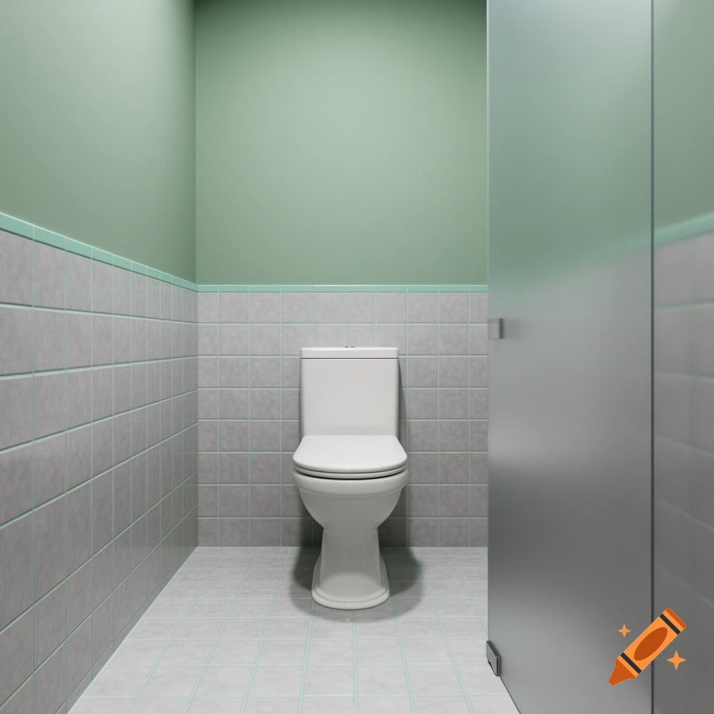 A clean toilet stall with light green walls above grey tiles, a white toilet, and a frosted glass door on the right.
