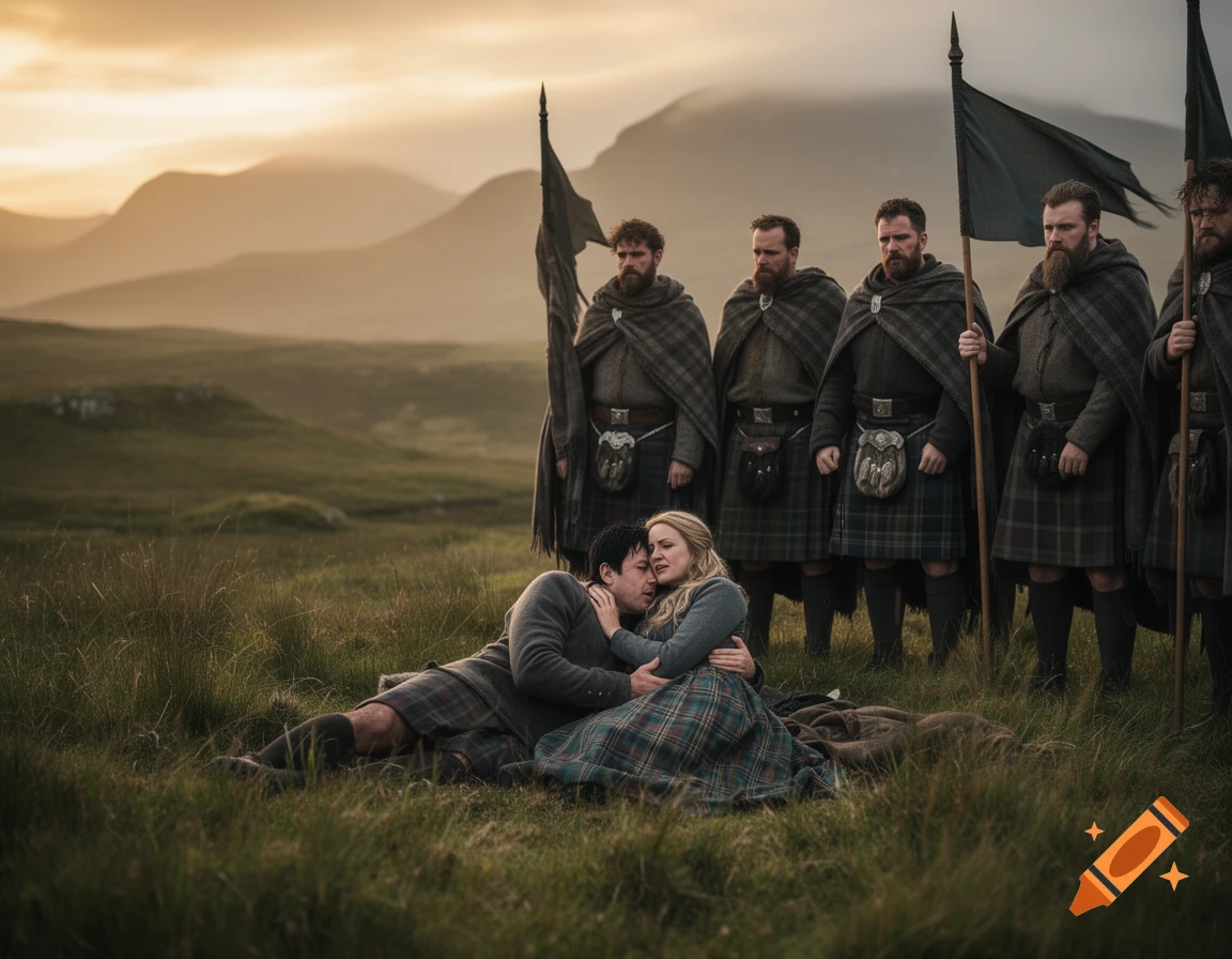 A woman cradles a dying man in a grassy field, surrounded by men in kilts carrying flags, at sunset.