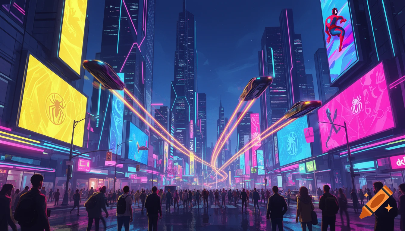A vibrant, neon-lit futuristic city at night, bustling with people, flying vehicles, and billboards featuring Spider-Man in an animated style.