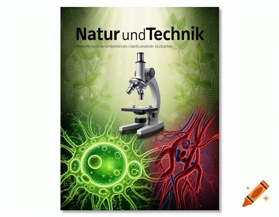 A stylized science magazine cover featuring a microscope, green cell-like organisms, and red blood vessels against a green background with circuitry patterns. The title reads "Natur und Technik" with garbled subtitle text.