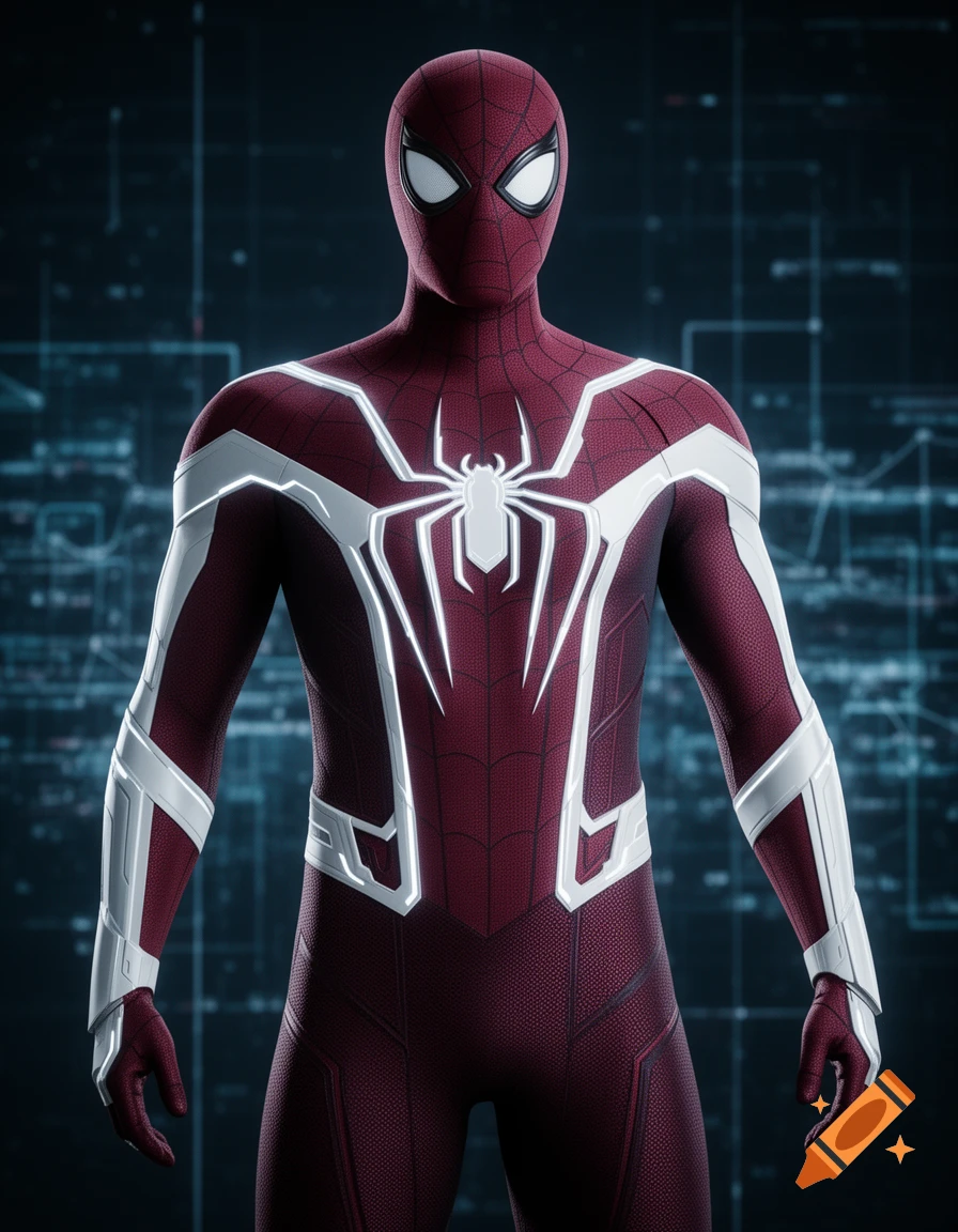 A full-body shot of a character in a dark red and white tech-style superhero suit, featuring a large white spider emblem, against a dark, abstract background.