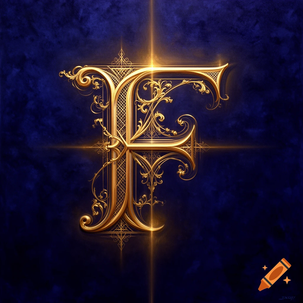 An ornate, golden capital letter F with intricate filigree and a glowing effect, set against a dark blue background.