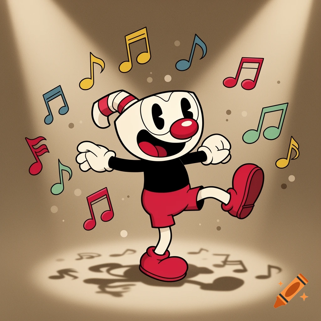 Cartoon character Cuphead dances a jig under spotlights, surrounded by colorful musical notes.