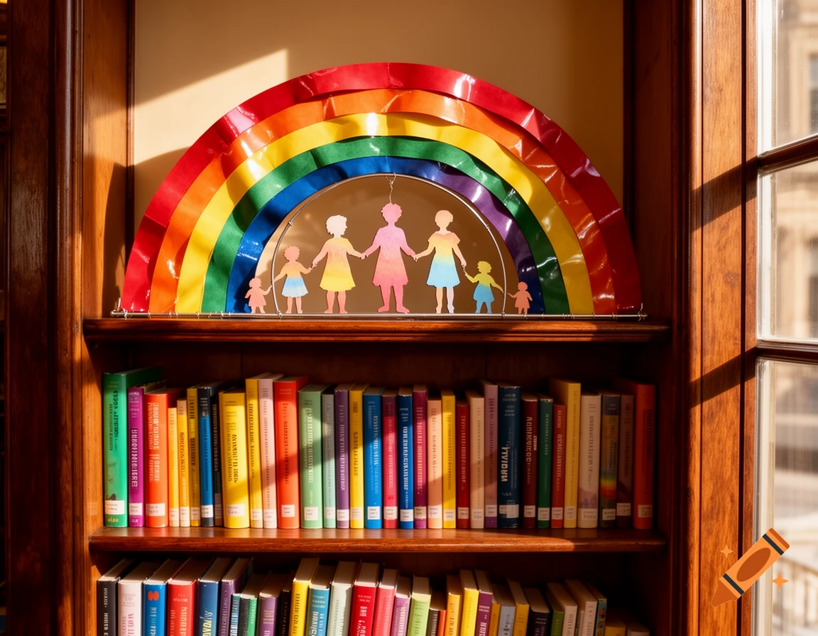 A vibrant rainbow craft displaying paper cutouts of a family, placed on a wooden bookshelf filled with colorful books, with sunlight streaming from a window.