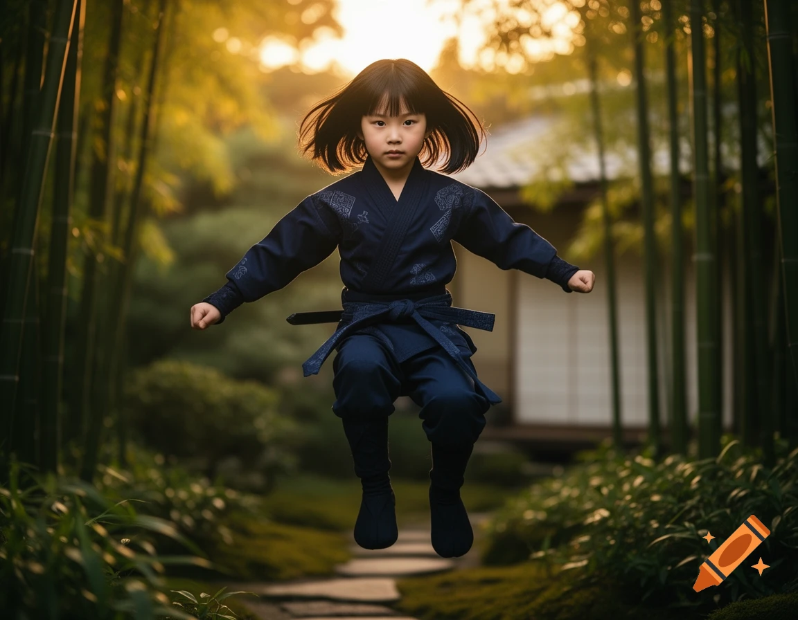 A young girl in a dark blue ninja uniform floats mid-air in a sunlit bamboo garden with a traditional Japanese house.