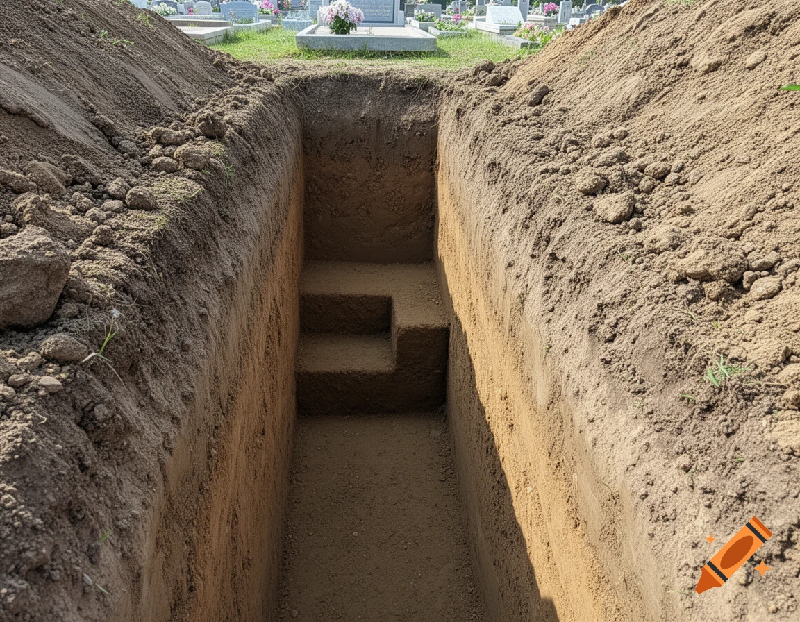 Photorealistic view of a deep, open grave with a lahd niche dug into the side, surrounded by disturbed soil in a cemetery.