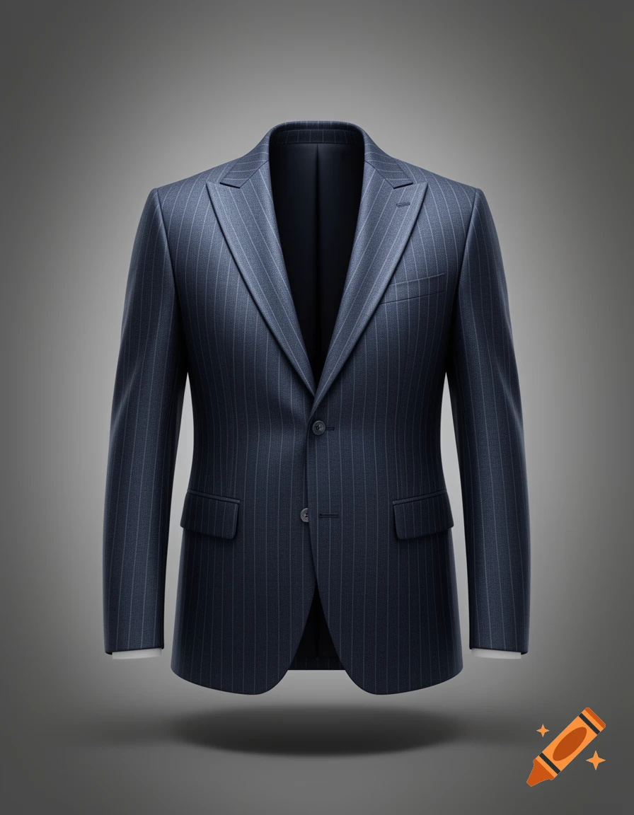 A dark blue pinstripe suit jacket with a two-button closure, displayed on a grey background.