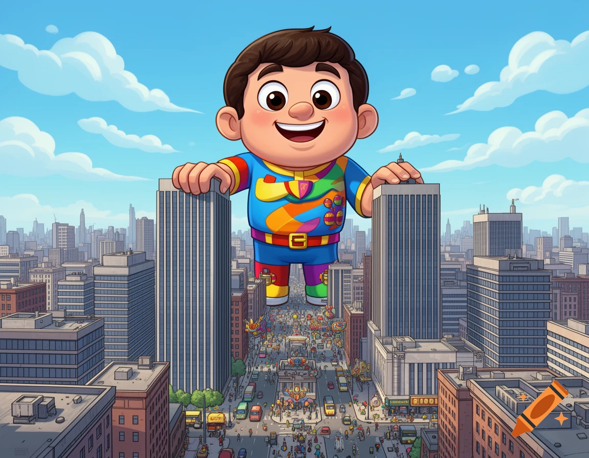 A giant, happy cartoon boy in colorful clothes stands over a bustling city street, holding two skyscrapers under a blue sky.