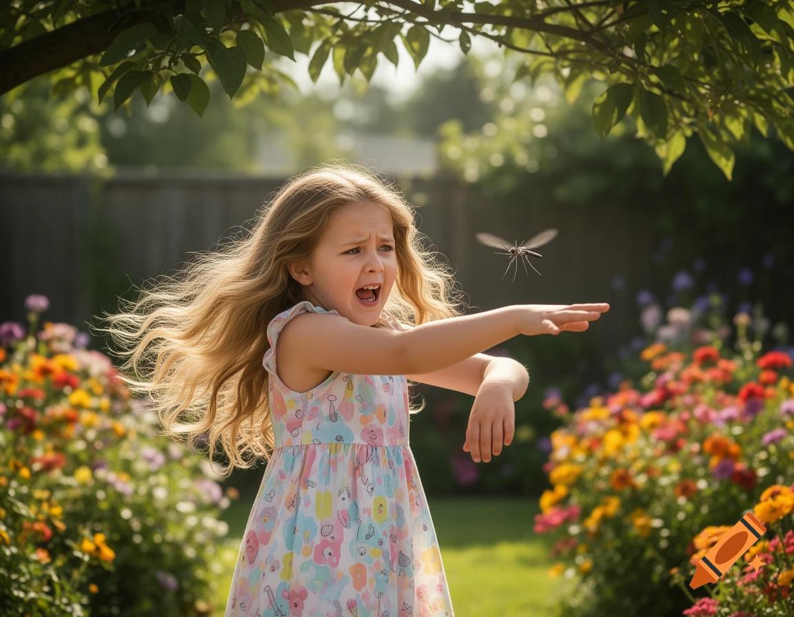 A young girl with long blonde hair, in a patterned dress, reacts in fear to a mosquito flying near her hand in a sunny garden with flowers.