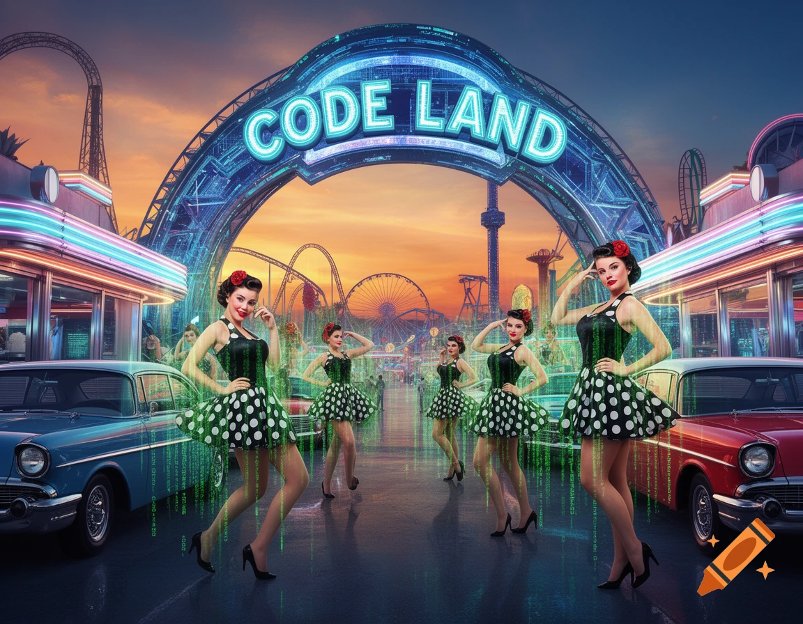 Pin-up women in polka dot dresses pose at a neon 'CODE LAND' theme park entrance with classic cars and matrix code effects.