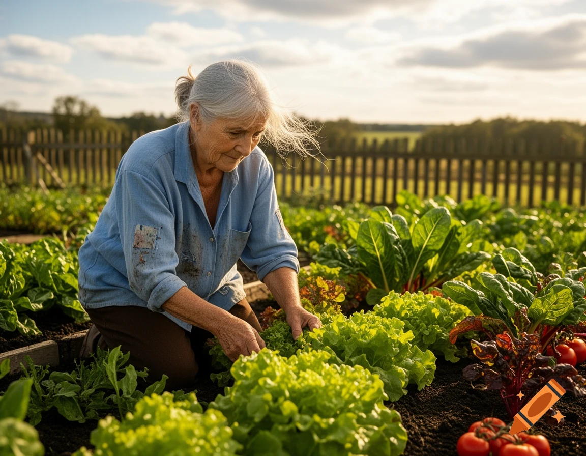 An elderly woman kneels in a sunny vegetable garden, tending to rows of lettuce and other greens.