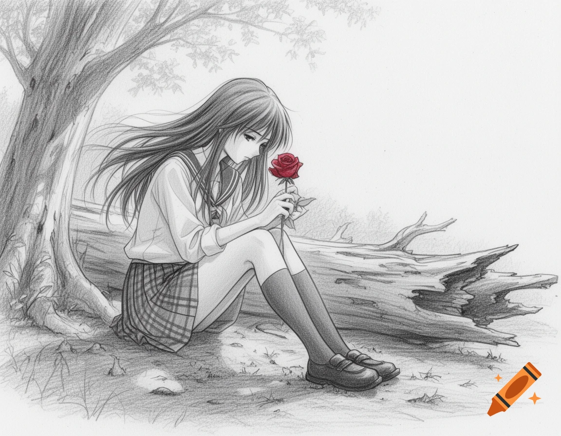 A sketch drawing of an anime schoolgirl in uniform, sitting by a tree and log, holding a red rose.