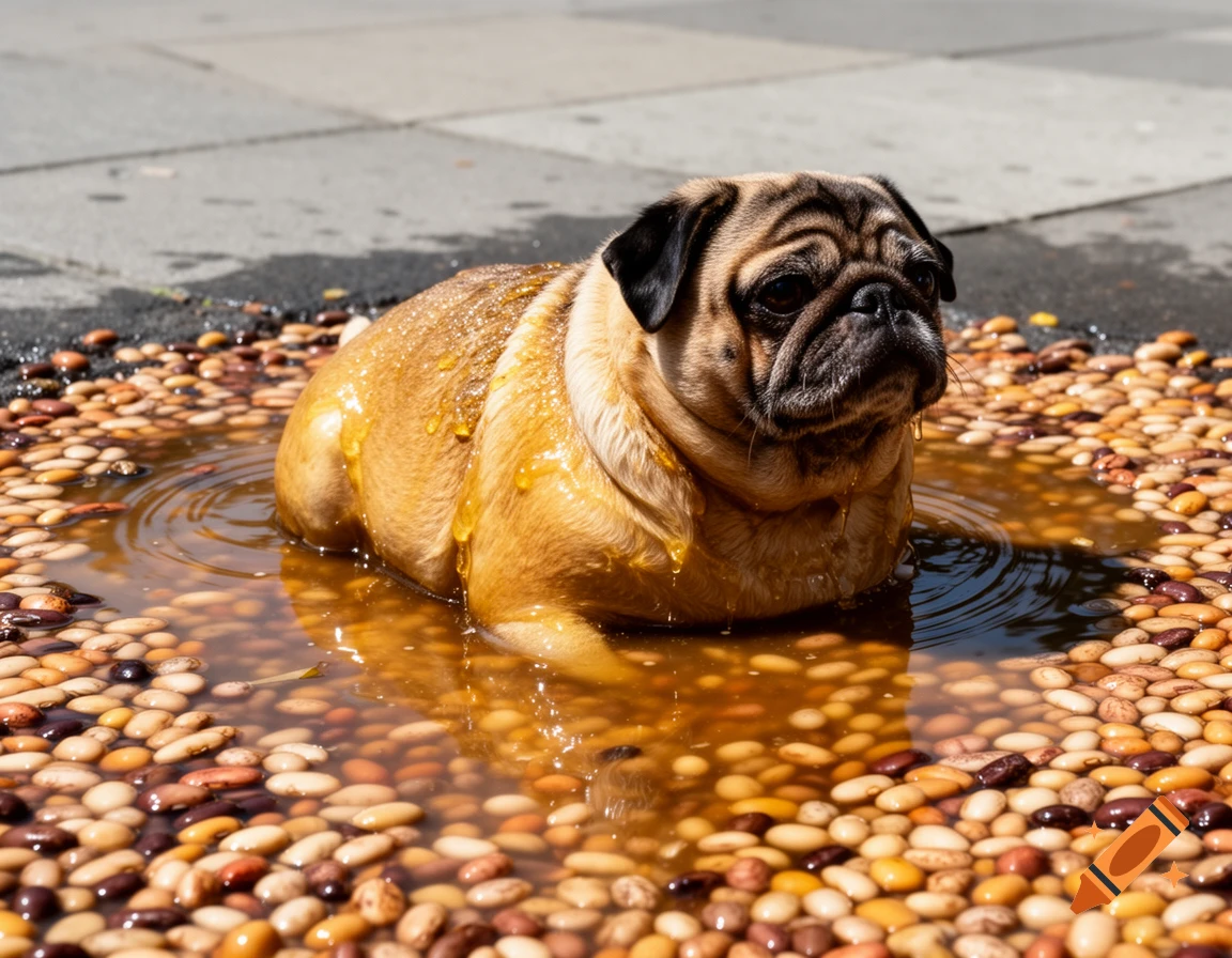 A wet pug covered in glistening liquid sits in a shallow puddle filled with various types of beans on pavement.