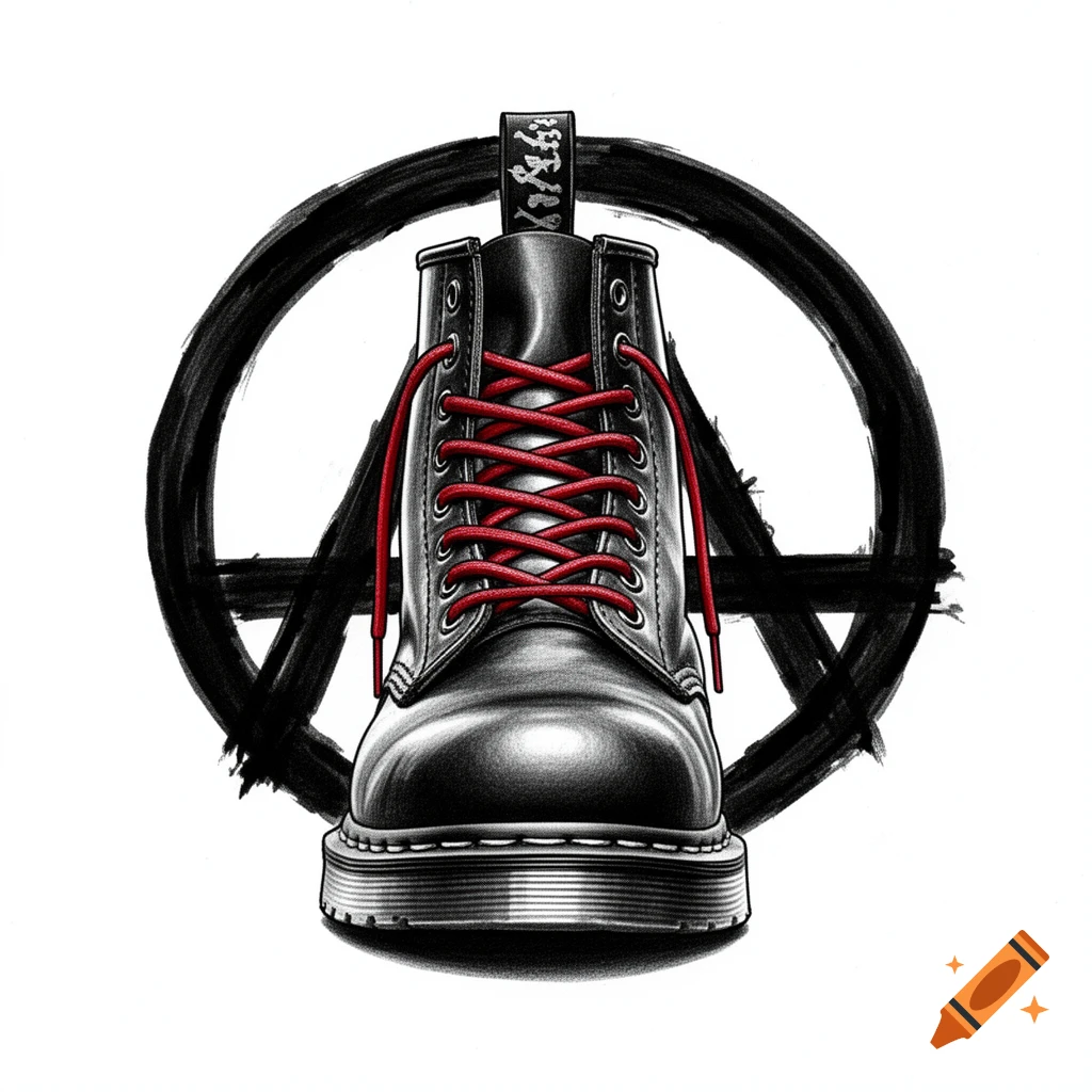 A black combat boot with red laces in front of a hand-drawn anarchy symbol, illustrated on a white background.