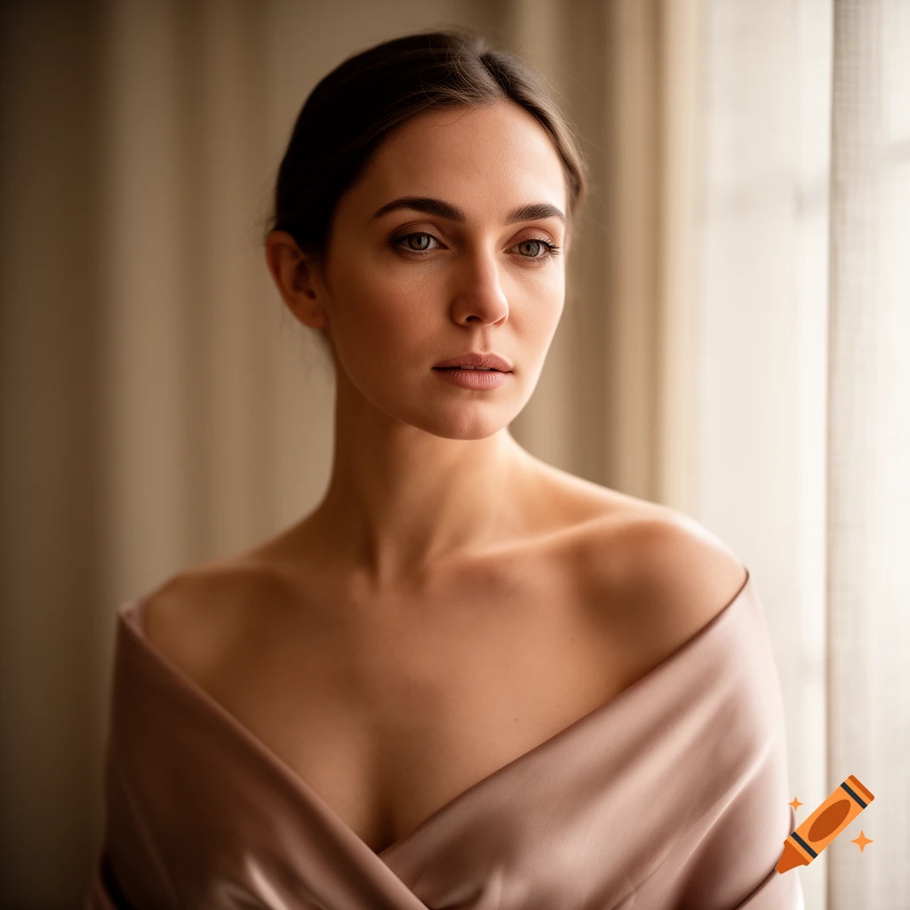 A close-up portrait of a woman with bare shoulders, wearing a draped light brown satin dress, looking thoughtfully.