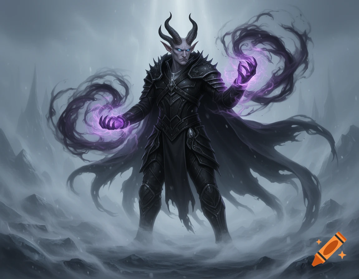 Epic dark fantasy digital art of a horned, ash-grey skinned warlock with glowing blue eyes, casting purple magic amidst a cold, foggy landscape.