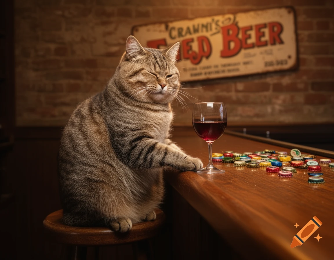 A photorealistic tabby cat with squinted eyes sits at a bar next to a glass of red wine, bottle caps, and a 'CRAWN'S RED BEER' sign.