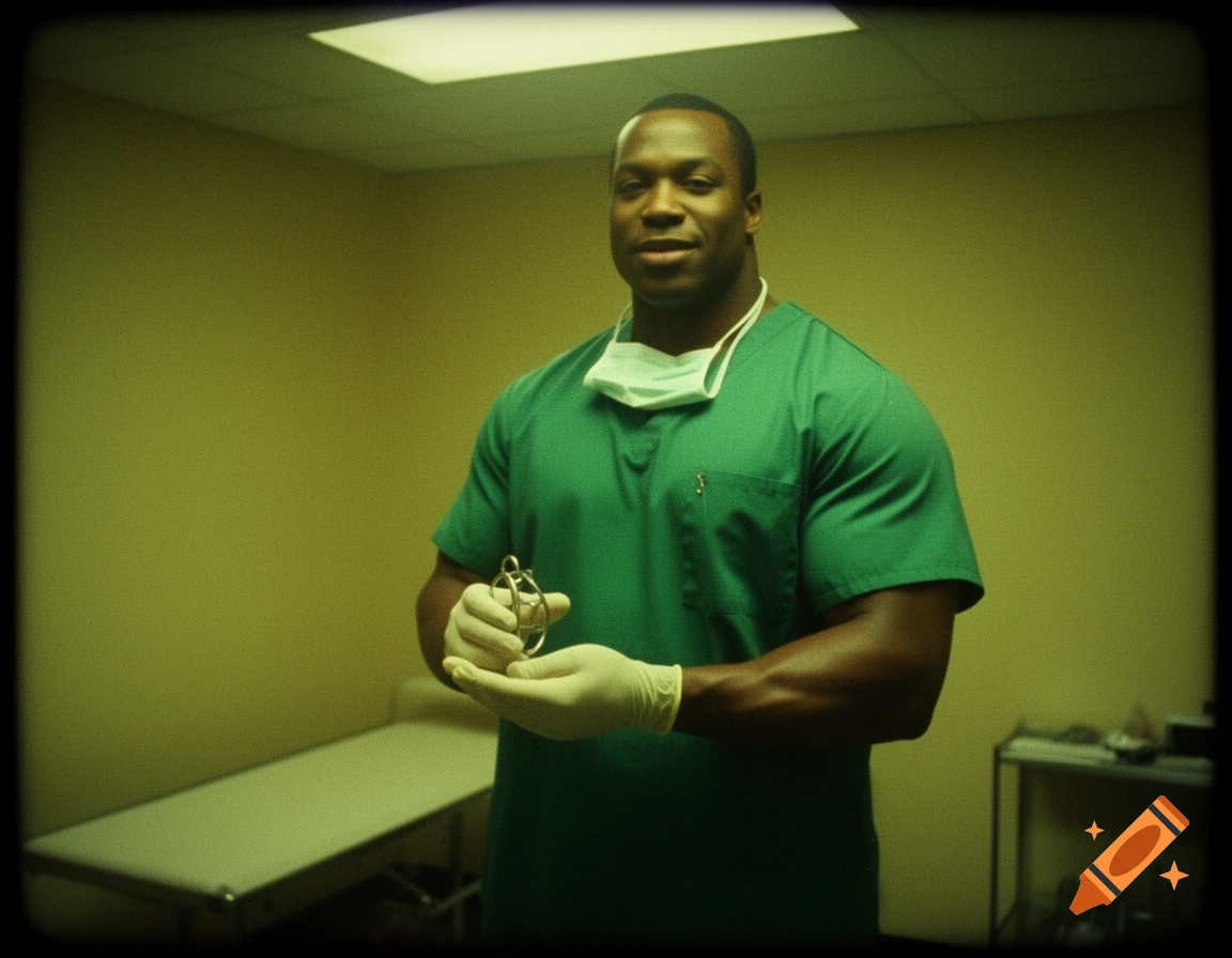 Muscular man in green scrubs and mask, wearing gloves, holds a small metal cage in a liminal VHS-style clinic room.