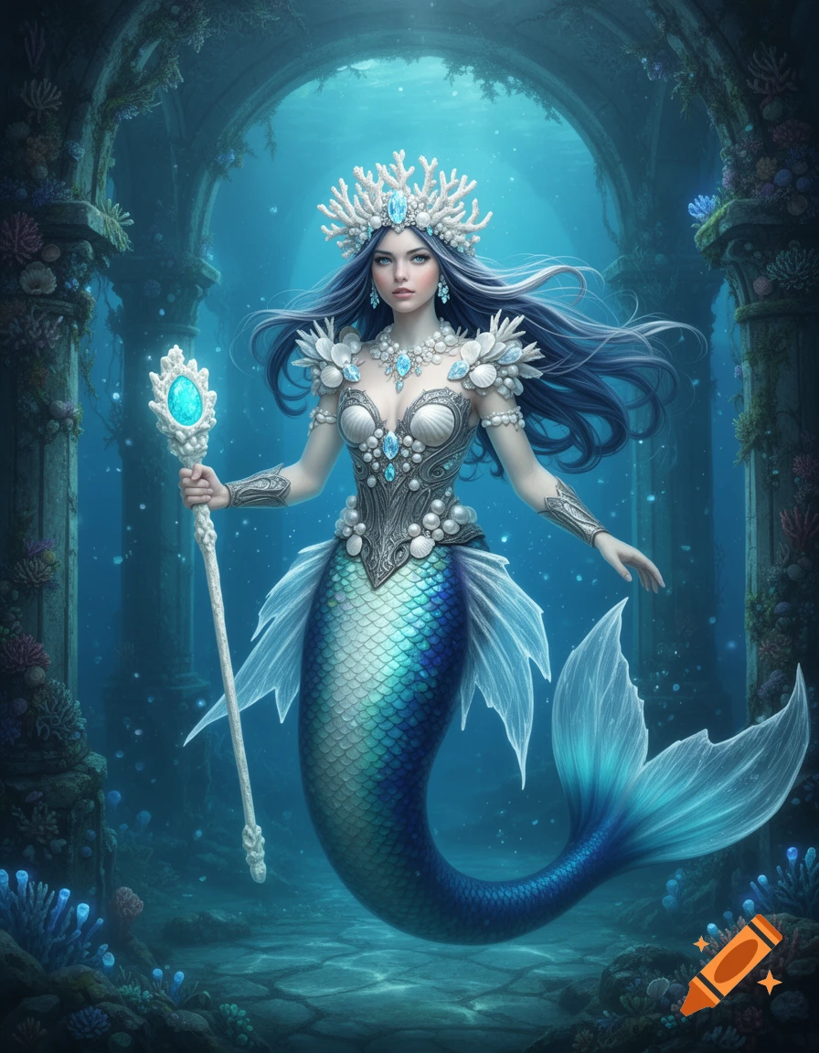 A blue-haired mermaid queen with a coral crown and shell armor holds a scepter amidst ancient underwater ruins, rendered in a detailed fantasy art style.