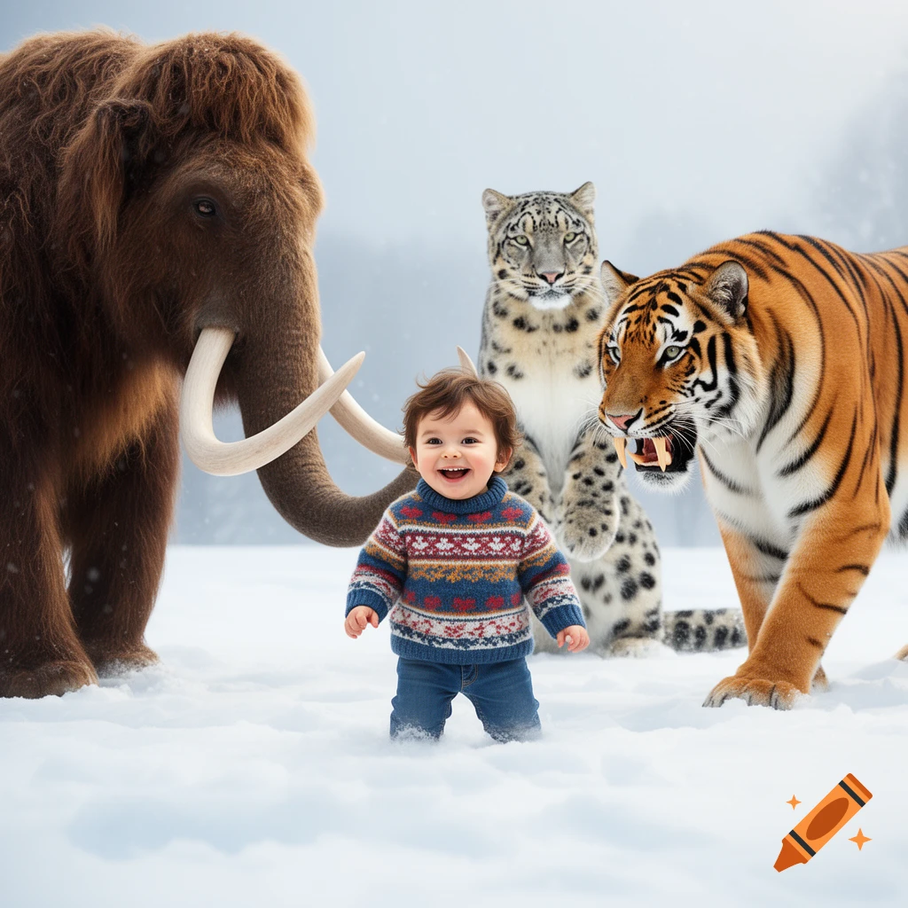 A smiling toddler in a patterned sweater stands in snow with a woolly mammoth, a snow leopard, and a tiger.