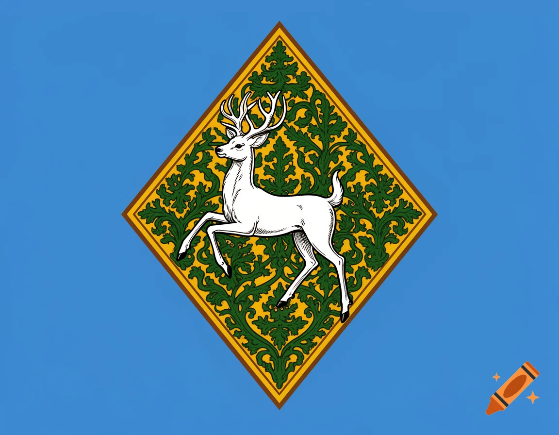 A white deer with antlers leaps within a gold and green ornate diamond on a blue background, in a heraldic illustration style.