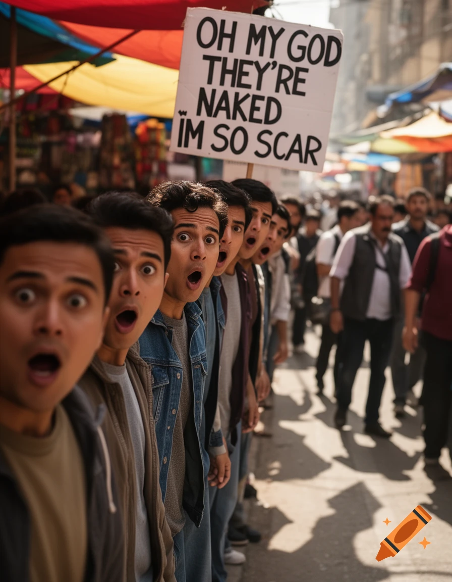 A line of men in a crowded street with shocked expressions, looking off-camera. One holds a sign that reads "OH MY GOD THEY'RE NAKED IM SO SCAR".