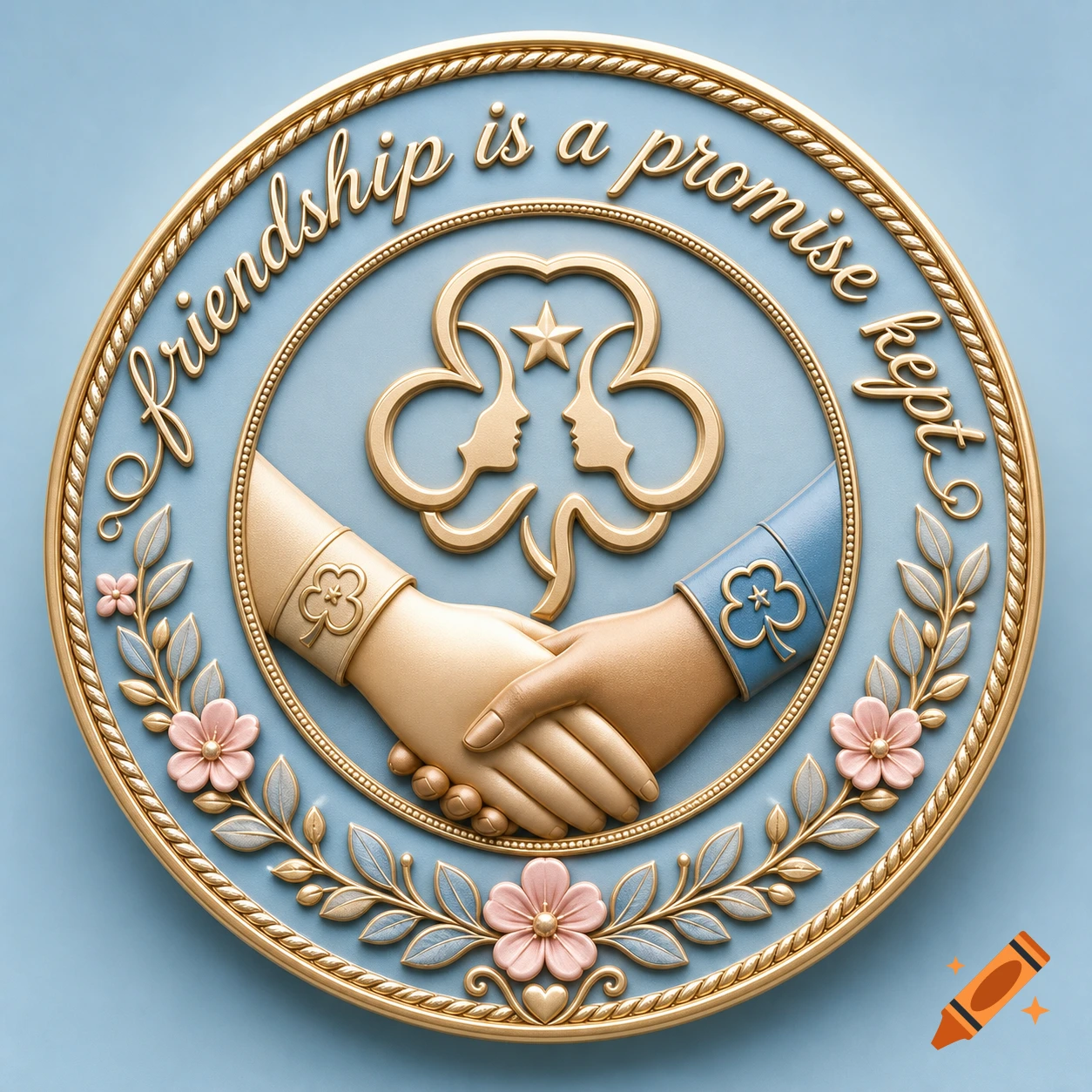 A round gold and blue badge with hands shaking, flowers, and the text 'friendship is a promise kept' in cursive.