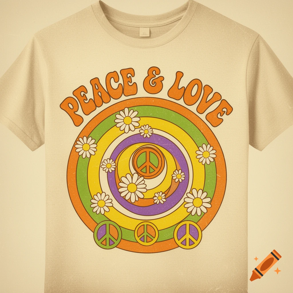 A beige t-shirt featuring a colorful 70s-style graphic with "PEACE & LOVE" text, a rainbow target, daisies, and peace signs.