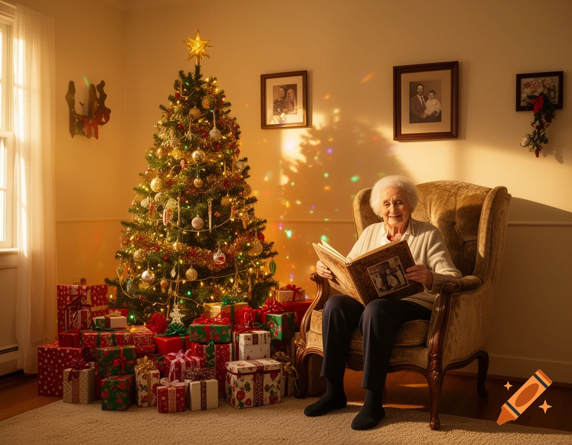 An elderly woman sits in an armchair, smiling as she looks at a photo album, beside a decorated Christmas tree with many presents.