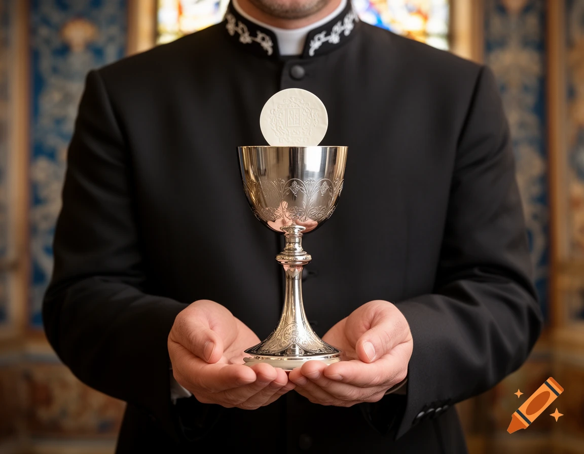 Close-up of a priest in black vestments holding a silver chalice with a white host during a religious ceremony.