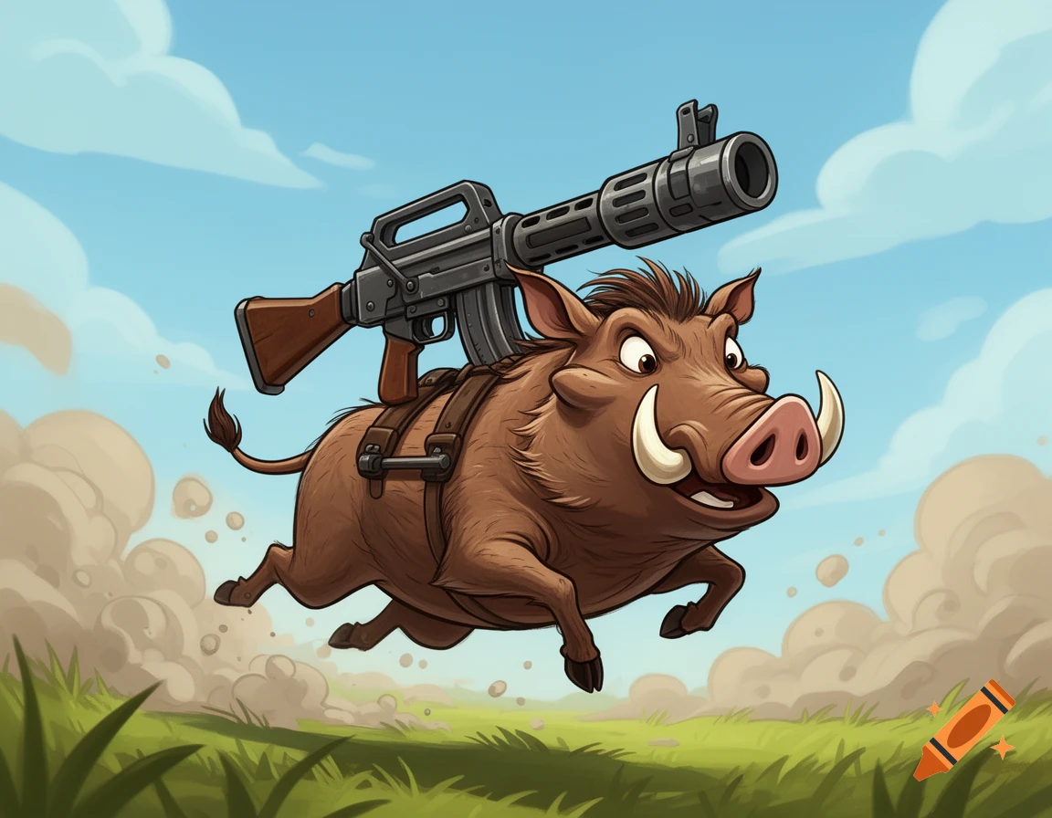 A cartoon warthog, wearing a harness, leaps through a grassy field with a large machine gun strapped to its back, leaving a trail of dust.