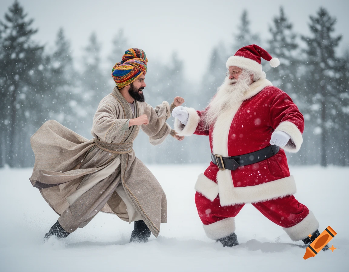 A man in a colorful turban and Santa Claus in a red suit are in martial arts stances, ready to fight in a snowy forest.