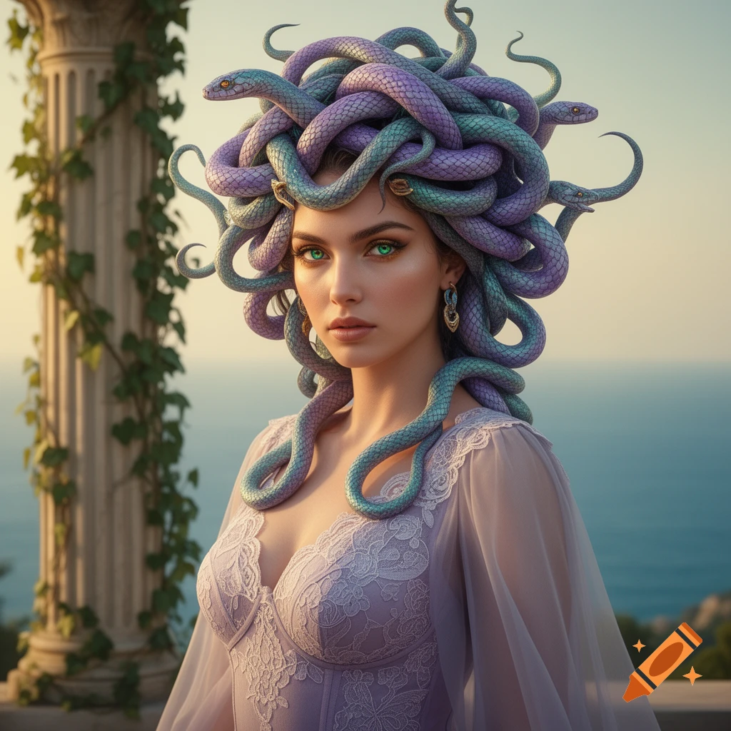 A beautiful Medusa with teal and purple snakes for hair, green eyes, wearing a lace lavender gown, overlooking the ocean.