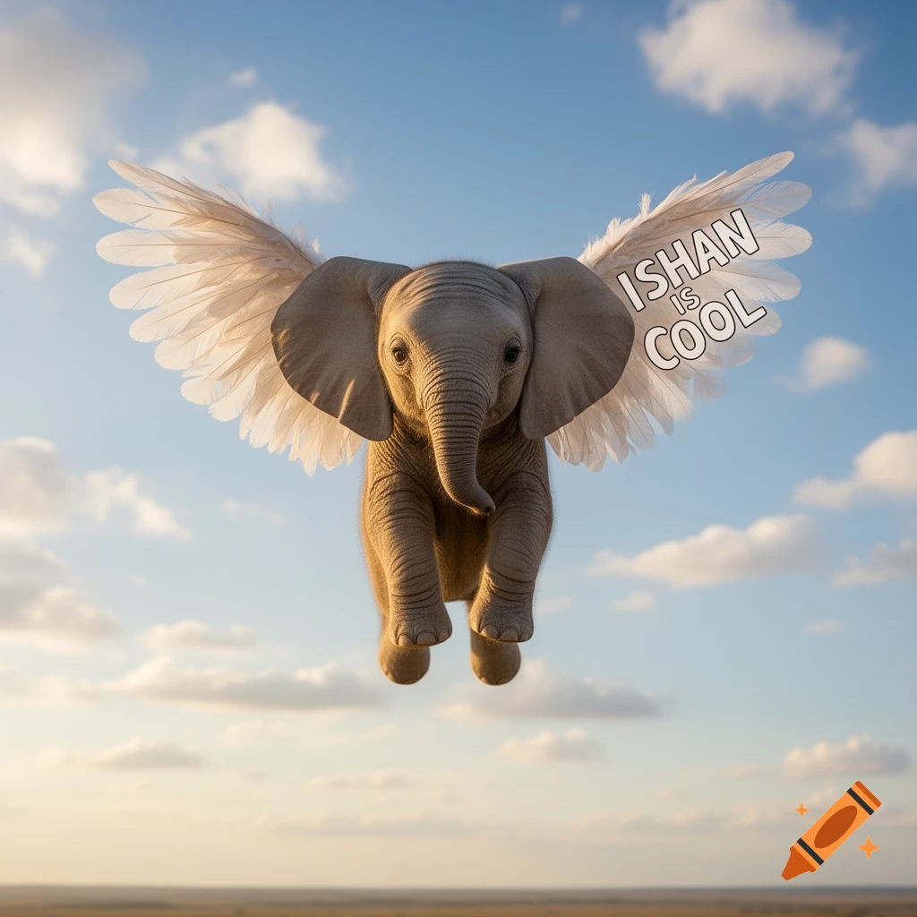 A photorealistic baby elephant with large white feathered wings flies high in a blue sky with scattered clouds. "ISHAN IS COOL" is written on its right wing.