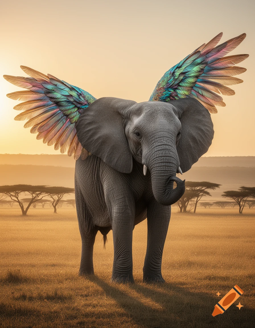 A majestic elephant with large, colorful bird-like wings stands in a sunlit savanna with acacia trees.
