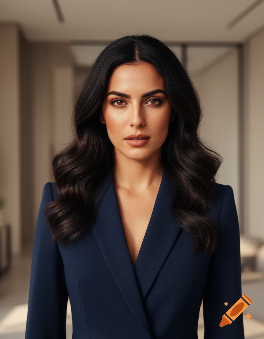 Photorealistic portrait of a professional woman with dark wavy hair, wearing a blue blazer, looking directly ahead.