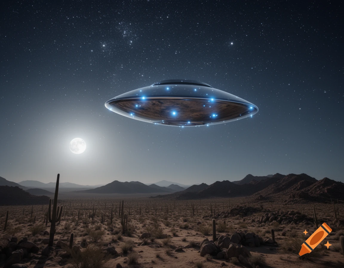 A glowing silver UFO hovers over a dark desert landscape under a starry night sky with a full moon.