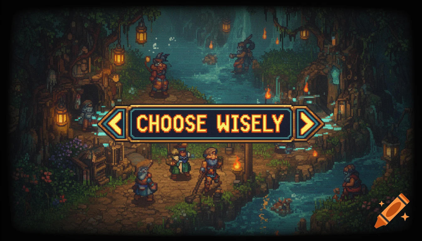 A pixel art video game scene with adventurers near a river and caves, under a banner reading 'CHOOSE WISELY'.