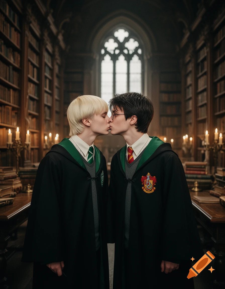 Two young men, one with blonde hair and a Slytherin robe, and one with dark hair, glasses, and a Gryffindor robe, kiss in a grand library setting with arched windows and glowing candles. Photorealistic style.