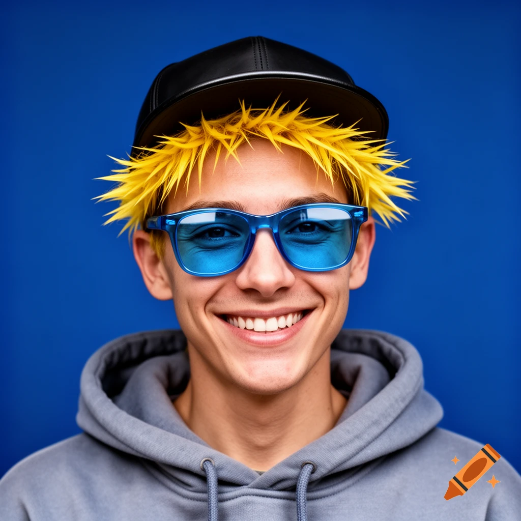 A photorealistic portrait of a smiling young man with spiky yellow hair, blue sunglasses, a black cap, and a grey hoodie against a blue background.