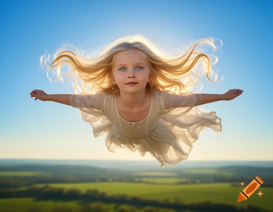 A blonde-haired girl with blue eyes flies horizontally through a bright blue sky over a blurred green landscape.